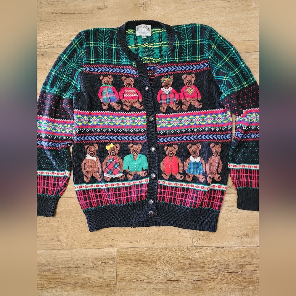 Vintage 90s Susan Bristol Sweater Women L Teddy Bears Hand Embroidery Fair Isle - Picture 3 of 10